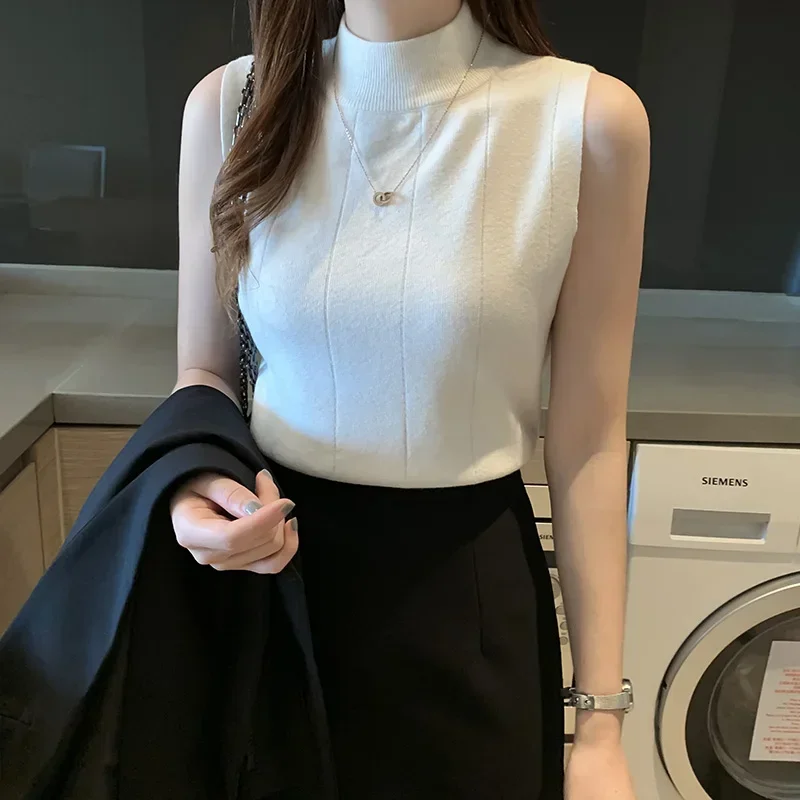 Blouse Women Blusas Mujer De Moda 2024 Verano Sleeveless Knitted Blouse Shirt Women Tops Turtleneck Blouse Women Blouses E405