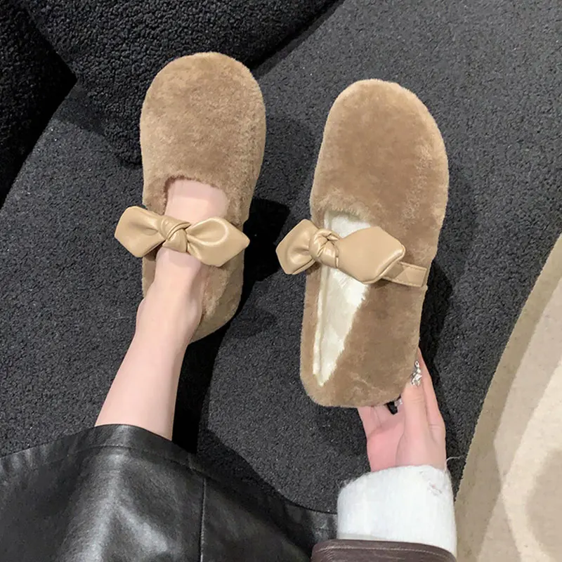 

Мокасины женские с бантом, повседневные кроссовки, лоферы с круглым носком, меховые, плоская подошва, Мокасины, платье-бабочка, резиновая подошва, зимнее платье