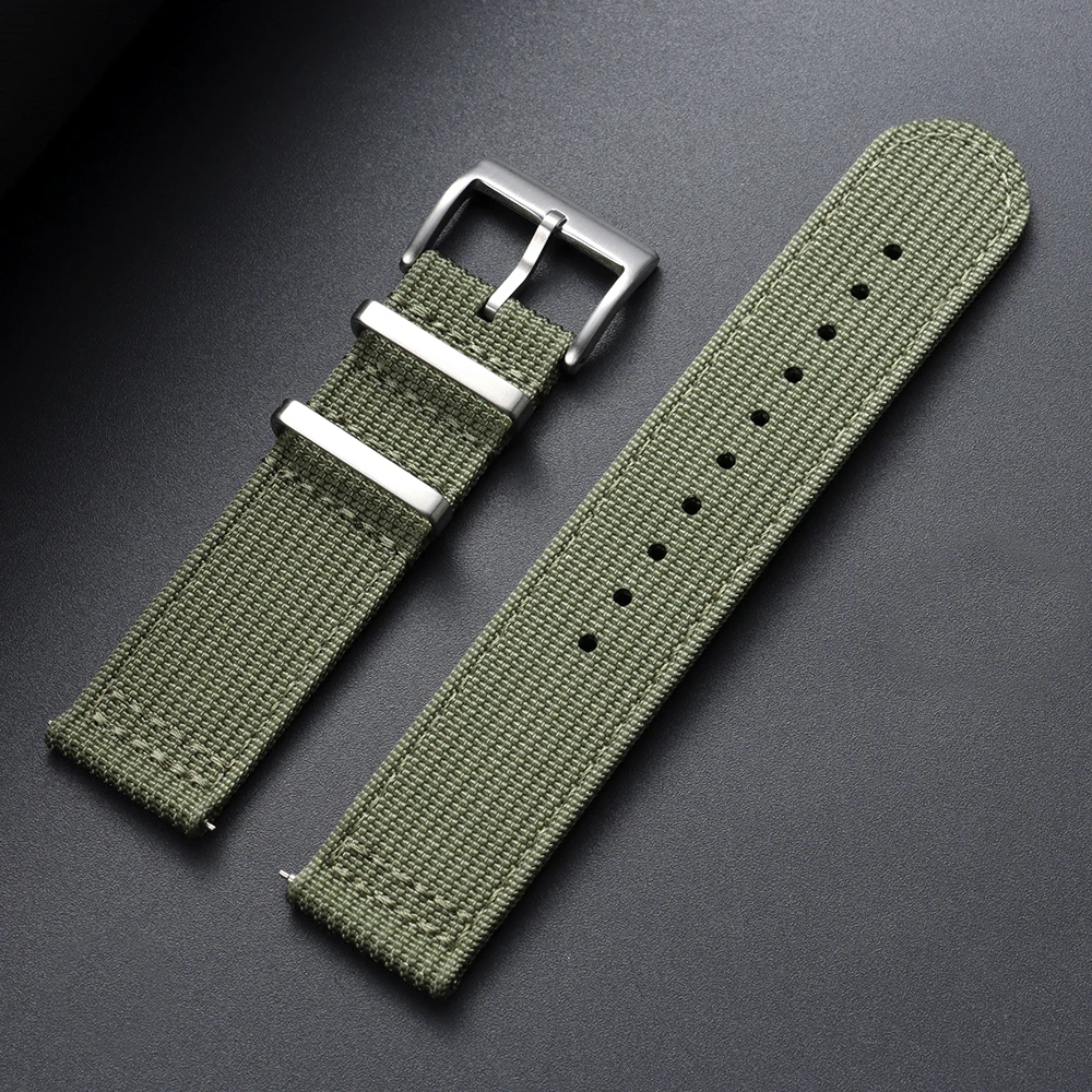 Army Green Ribbed Nylon Quick Release Watch Band - Woven Canvas Fabric Strap for Men's Military Sports Bracelet