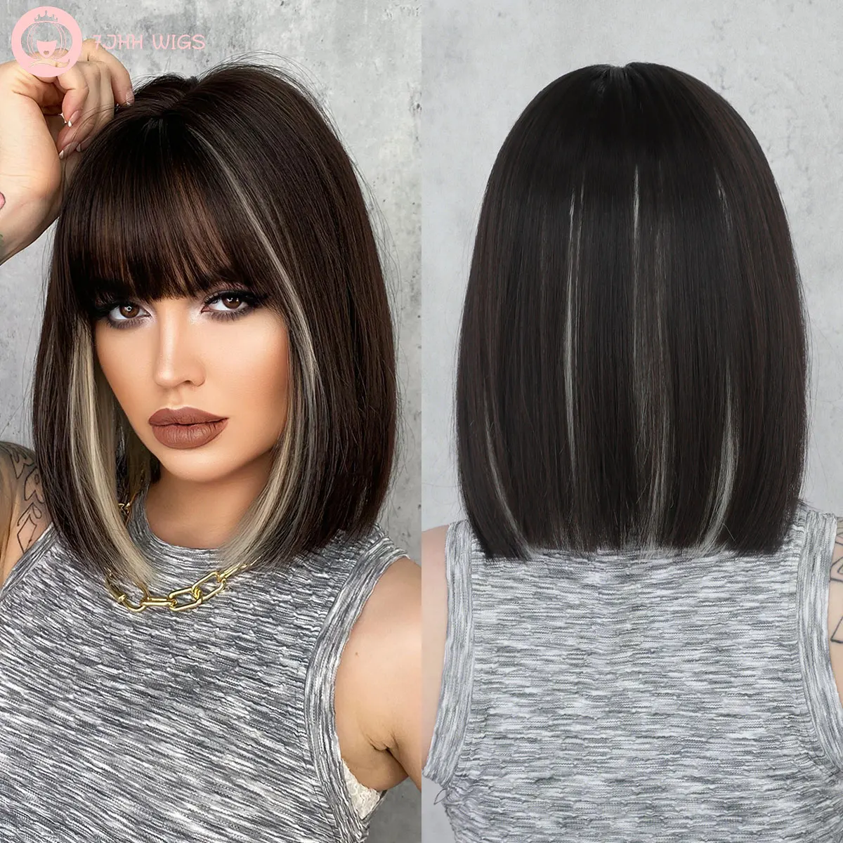 

7JHH WIGS Highlight Black Bob Wig with Bangs, Short Black Wig for Women Straight Bob Wigs Synthetic Hair Daily Party Use 12”