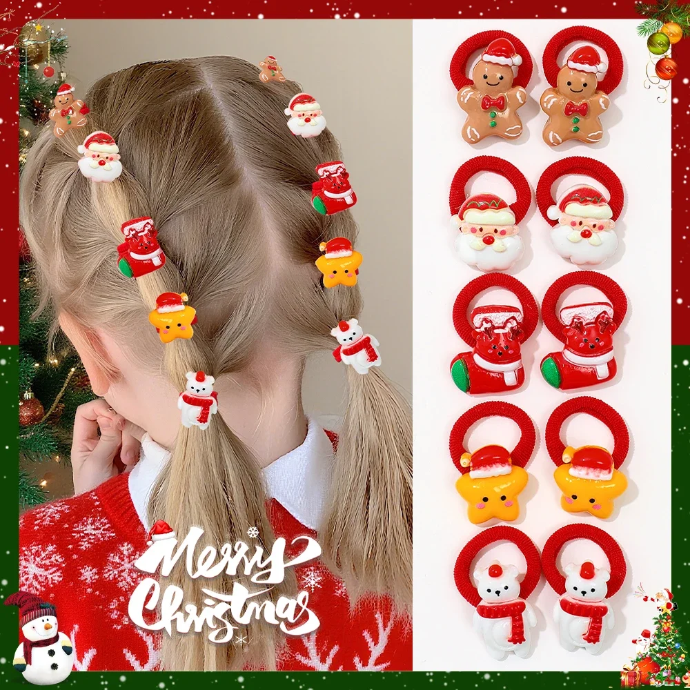 10-Pack Girls Hair Ties Cute Christmas Design with Santa Christmas Tree Snowman Ideal Gift for Girls for Christmas New Year