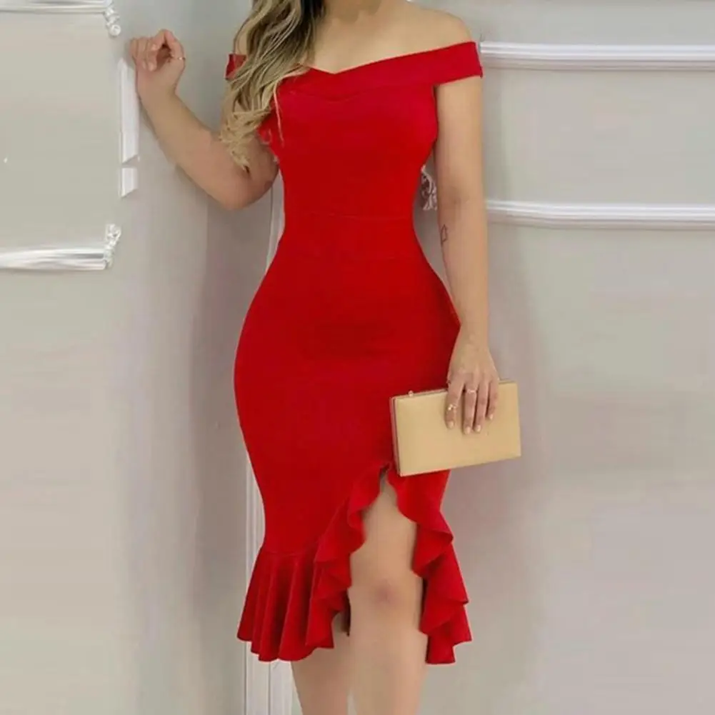 

Women Prom Dress Solid Color Ruffle Split Off Shoulder Sleeveless Dress-up Slim Fit Tight Waist Ball Prom Dress Women Clothing