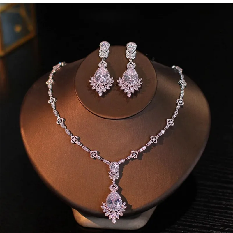 

CC Princess Necklace Earrings Set for Women Wedding Accessories Bridal Bijoux Engagement Fine Jewelry Sets 2 PCS Jewellery T0105