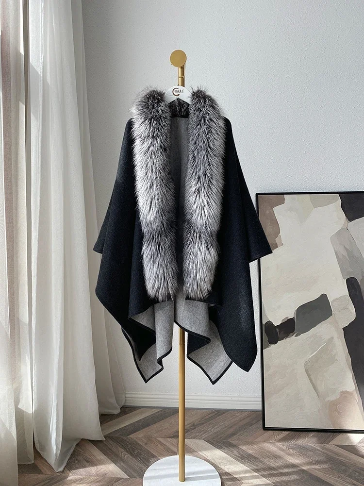 Fox Fur Collar Shawl Solid Wool Velvet Cloak Plaid Double Sided Thick Winter Warm Raw Edge Coat Casual Women's Clothing Fashion