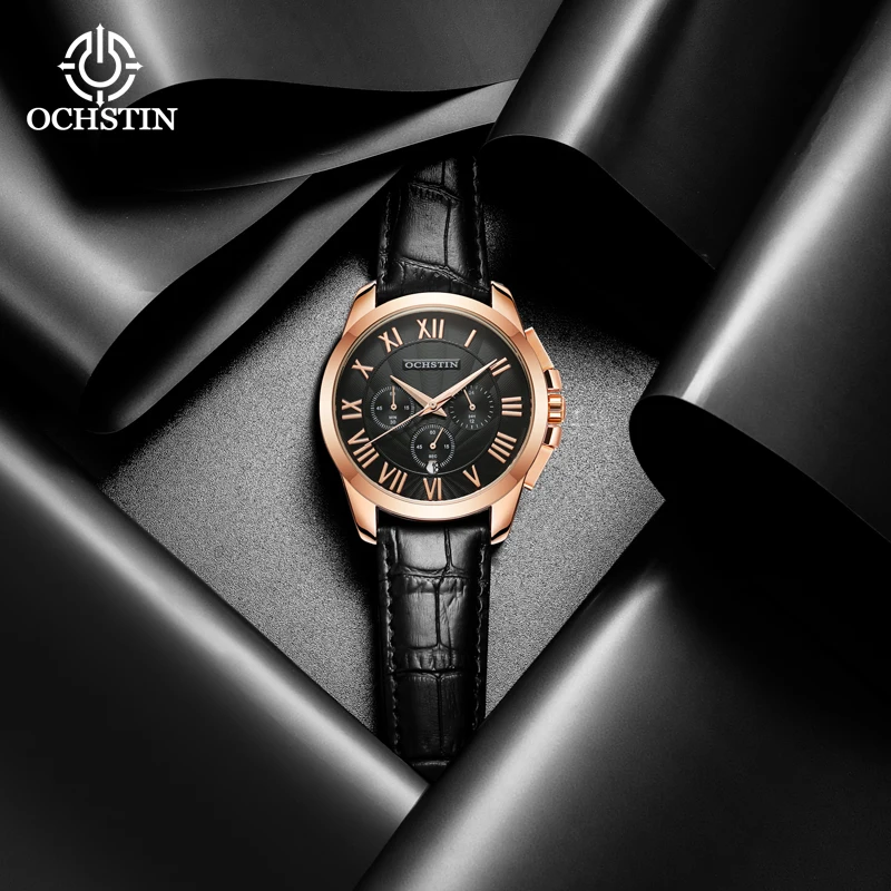 OCHSTIN Prominente Series Luxury Men's Quartz Watch Leather Strap Multi-functional Sports Business Date Quartz Clock