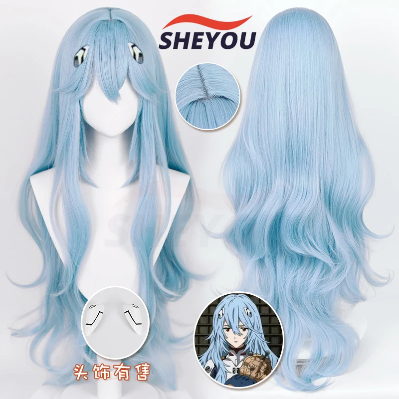

High Quality Ayanami Rei Cosplay Wig EVA 100cm Long Cyan Blue Wavy Heat Resistant Synthetic Hair Anime Wigs + Wig Cap + Hairpins