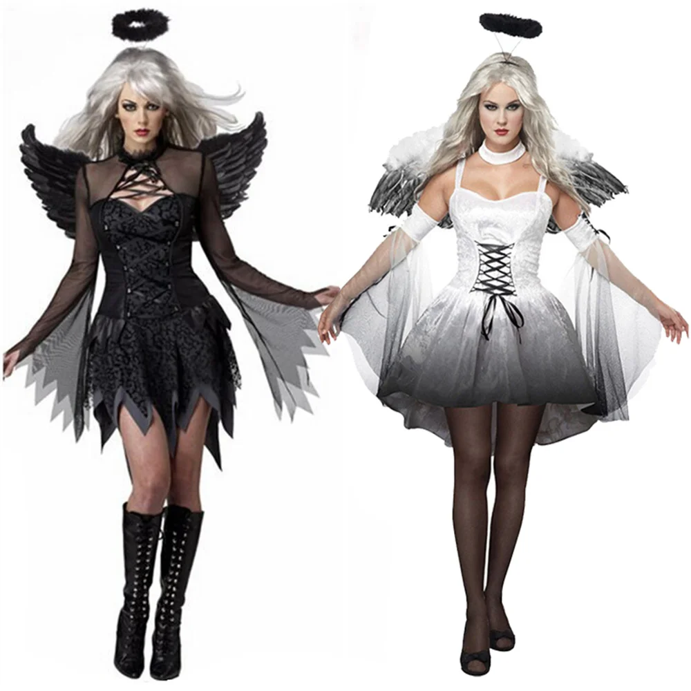 

Women Halloween Sexy Dark Fallen Angel and White Angel Costume Fantasy Party Cosplay Mini Dress With Halo And Wings Sets