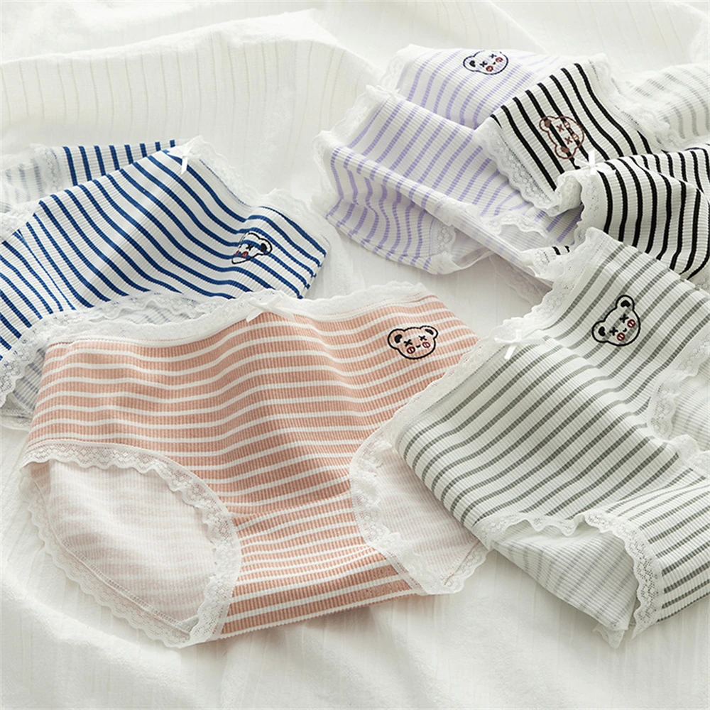 

Spring and summer new-style threaded lace striped bear waist hip cute girl briefs TL136