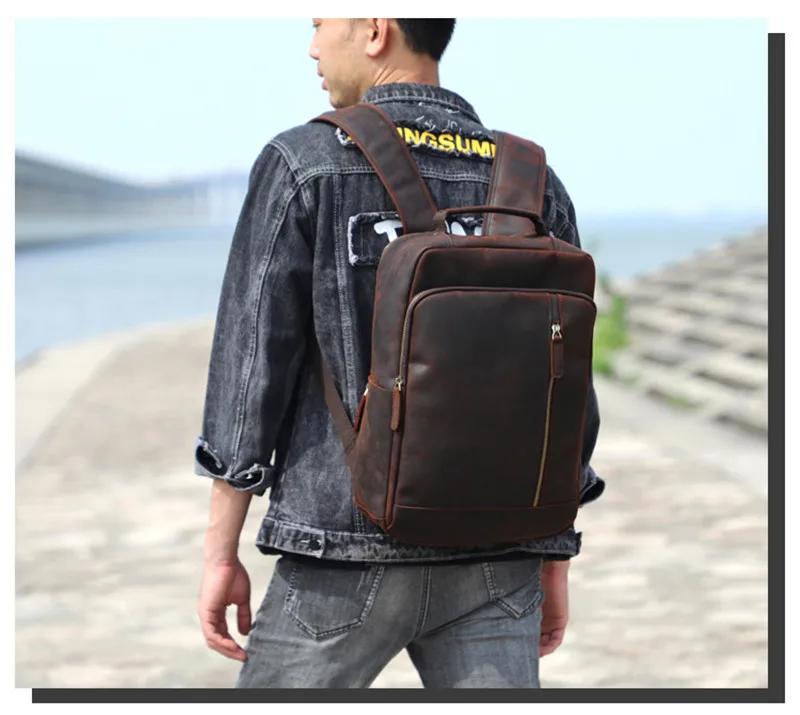 Vintage Crazy Horse Rindsleder Herrenrucksack, hochwertiger, luxuriöser, natürlicher Echtleder-Rucksack für Outdoor-Reisen, Laptop-Rucksack, Schultasche – Detail 2