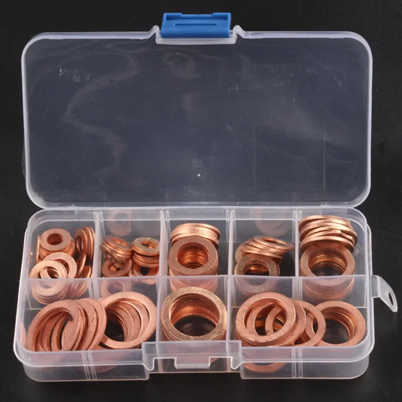 120pcs 8 Sizes Solid Copper Washers Sump Plug Assortment Washer Set Plastic Box Professional Hardware Accessories