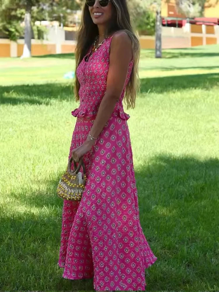 Vintage Printed High Waist Midi Skirts 2 Piece Sets For Women 2025 New V Neck Tied Short Top Holiday Summer Woman Outfits