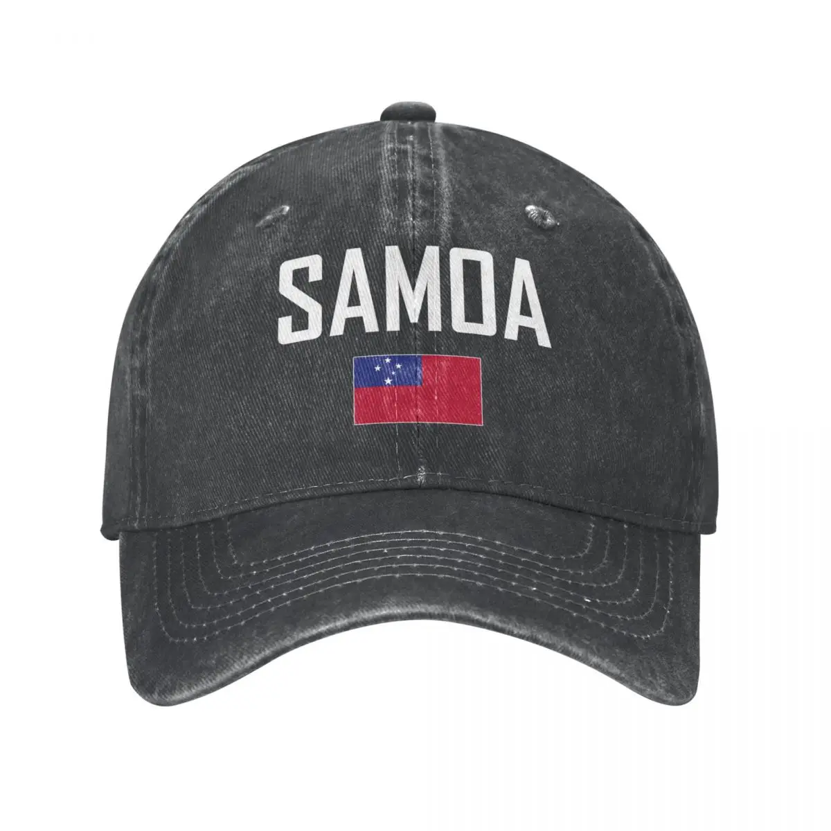 

Men Baseball Cap SAMOA Flag And Font Charcoal Washed Denim Classic Vintage Cotton Dad Trucker Hat Unisex Adult