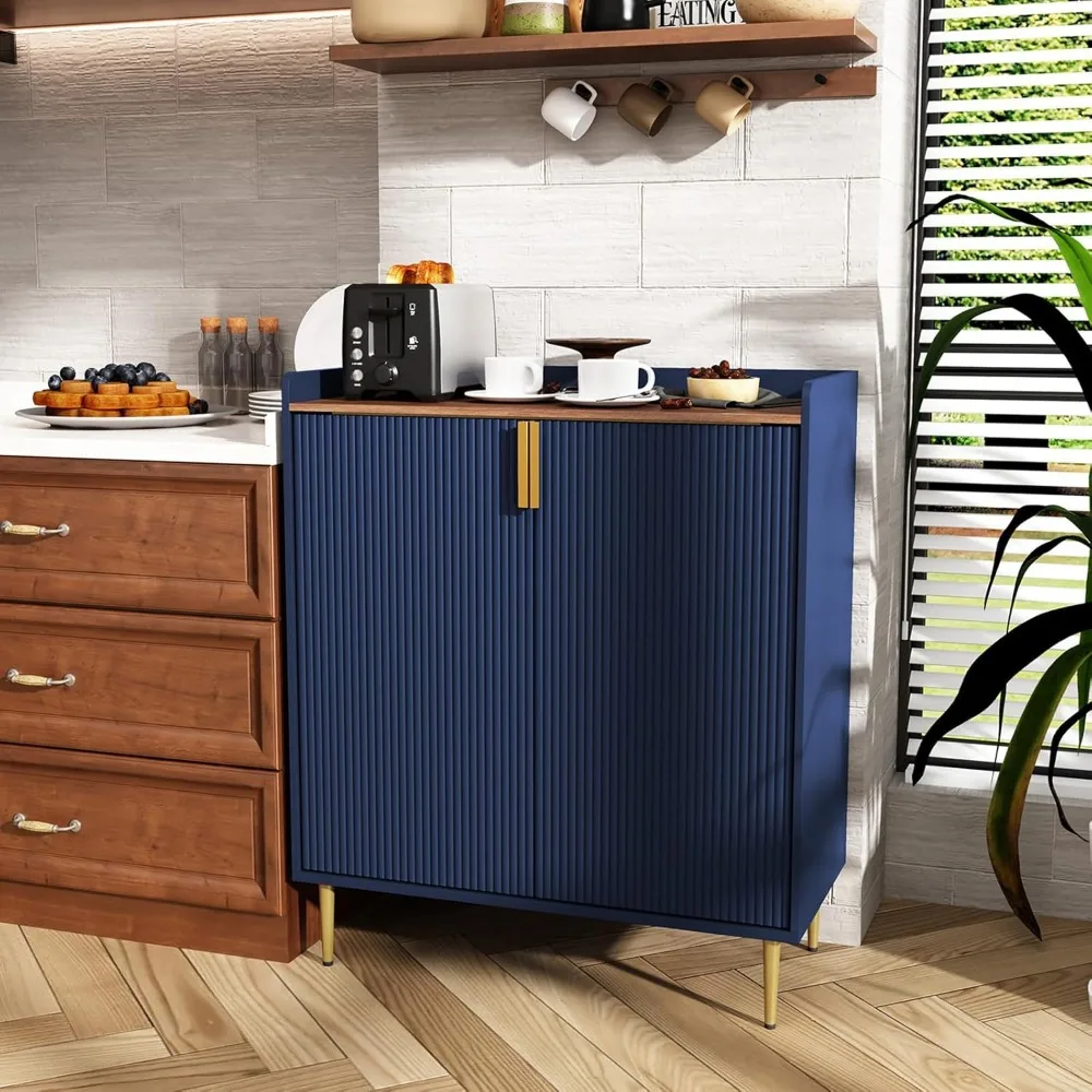 Sideboard Buffet Cabinet with Fluted Texture, Modern Coffee Bar Cabinet with Wine Rack&Drawers, Blue Liquor Cabinet for Kitchen