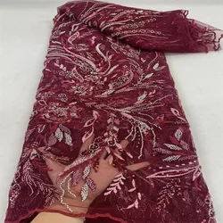 2023 Wine Red High Quality African Lace Fabric Sequins Mesh Luxury Beaded Embroidered Laces Tulle Fabric for Sewing Dress ZX2509