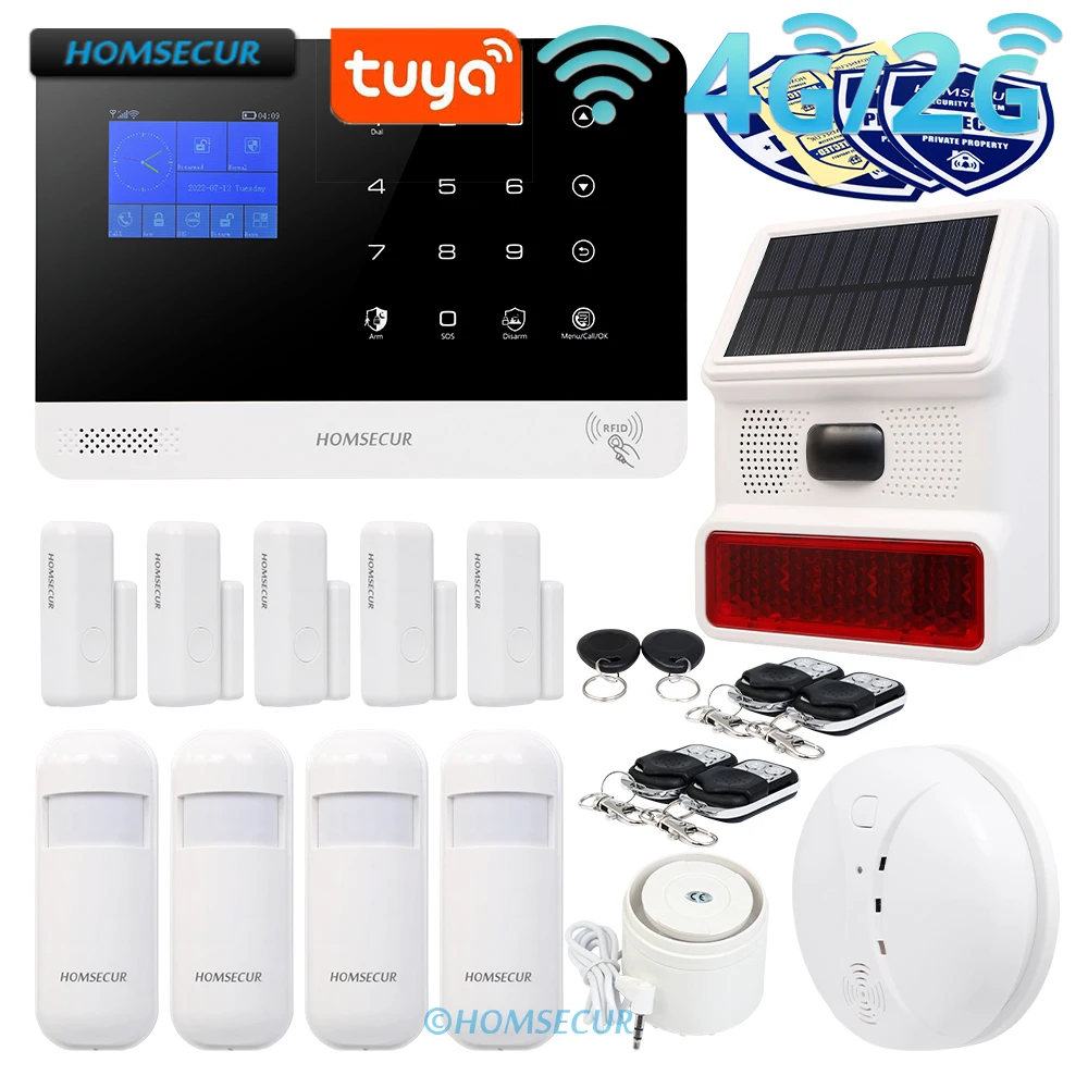 

HOMSECUR Wireless WIFI 4G GSM RFID LCD Home House Alarm System with Smoke Sensor PIR Wireless Solar Outdoor Flash Siren