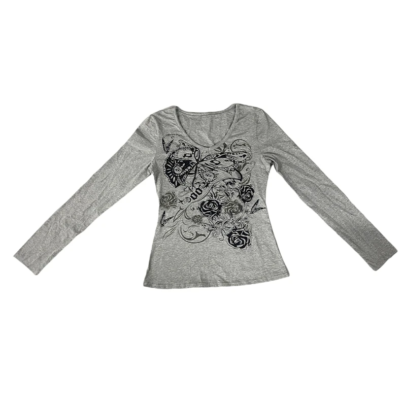 y2k Fairy Grunge Tops Gothic Aesthetic Floral Print V Neck Long Sleeve T Shirt Women Clothes Basic Sweats Streetwear