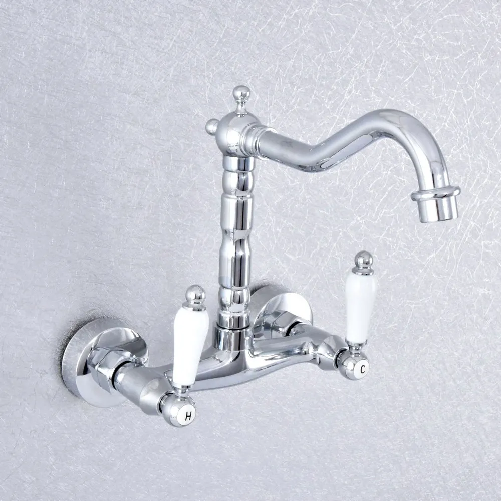 Torneira de Pia de Cozinha de Bico Giratório de Latão Cromado Polido Bacia de Banheiro de Parede Torneiras de Água Fria e Quente Dsf775