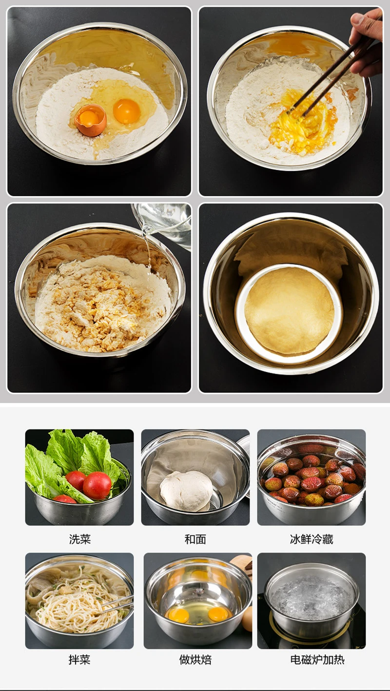 Description Picture 5 of itemStainless Steel Salad Mixing Bowl with Lid Fruit Vegetable Dough Basin Egg Beater Bowls Food Container Kitchen Utensil