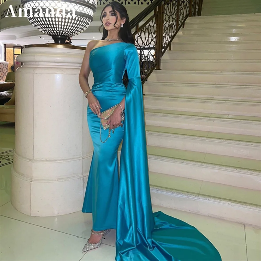 

Amanda One Cape Sleeve Gown Aqua Blue Mermaid Prom Dress 2023 Silk Trumpet Silk Party Dress Fishtail فساتين مناسبة رسمية