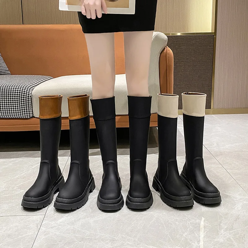 Leather Chunky Combat Boots Platform Perni Black Knee Boots Black Casual Slip on Street Runway Botas Mujer Female Designer Shoes