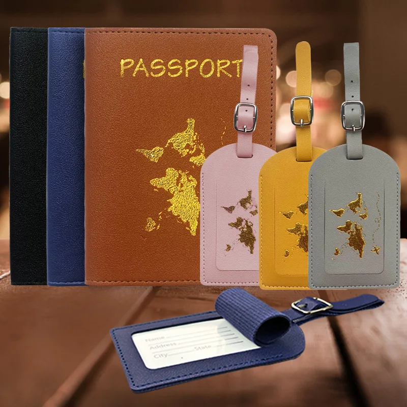 Portable Leather Passport Cover Luggage Tags Set Id Bank Card Holder Case Plane Ticket Protector Organizer Travel Accessories dropshipping free monogrammed initial letters saffiano pu leather passport holder cover luggage tag set travel accessories