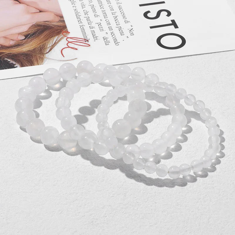 100% Natural Plaster Selenite Bracelet 6/8/10 mm Round White Fine AAA Stone Beads Bracelet Mineral Cat Eye Yoga Balance Jewelry