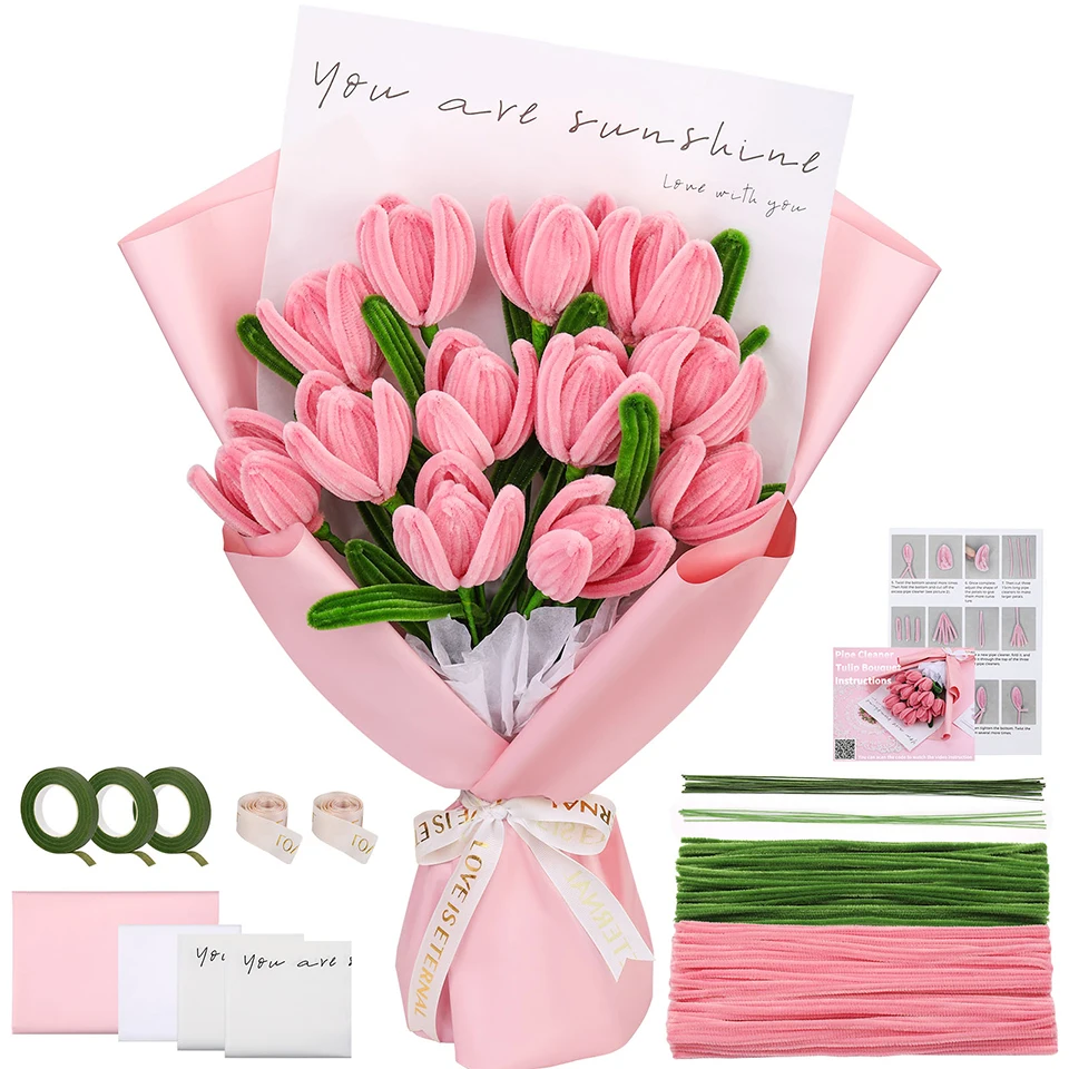 Pink Tulip Pipe Cleaners Craft Supplies with Wrapping Paper Step-by-Step Video Tutorials for Home Decoration