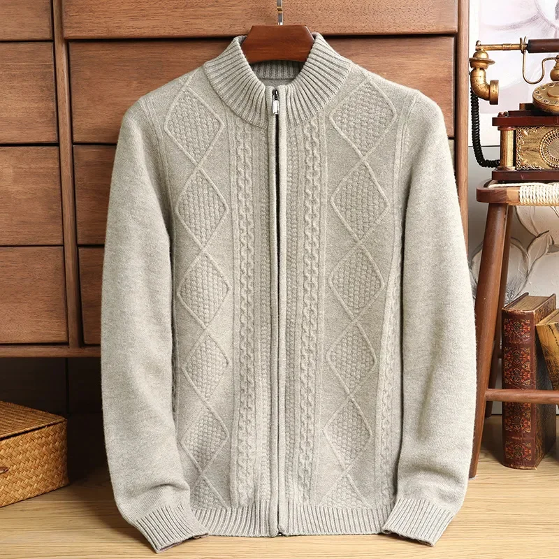 

Men's Wool Cardigan 100% Pure Stand-up Collar Thick Autumn and Winter Business Casual Solid Color Knitted Coat for Men