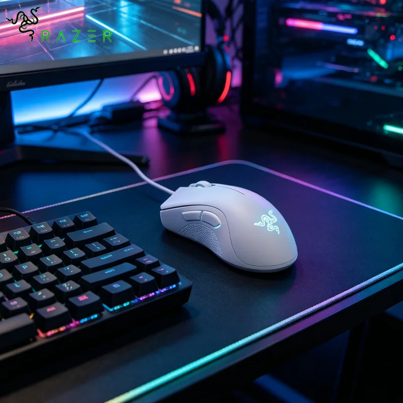 오리지널 레이저 데스어더 에센셜 유선 게이밍 마우스, 6400 DPI 광학 센서 탑재, 노트북 및 PC 게이머에게 적합