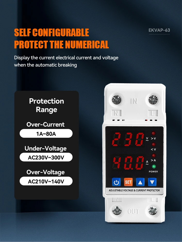 Description Picture 5 of itemETEK Relay Adjustable Over Voltage Current and Under Voltage Protective Device Protector Relay40A 63A EKVAP