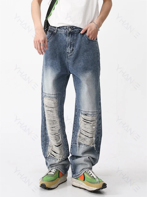 Hommes Jeans Hommes Mode Baggy Tricoté Fleur Déchiré Denim Pantalon Hip Hop  Streetwear Bleu Pour Homme