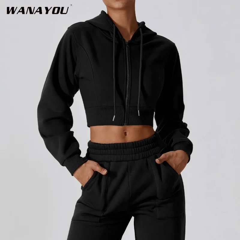 

WANAYOU Sports Top With Zipper Sleeves Short Sweatshirt for Fitness Drawstring Yoga Jacket Workout Cloth Sportswear Women Gym