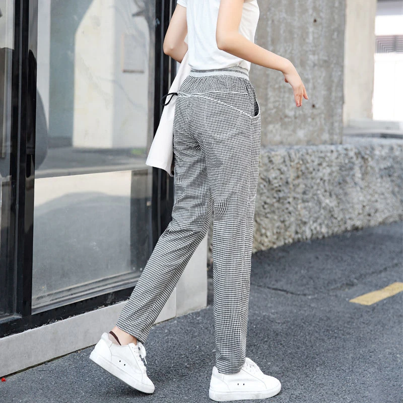 2022 Spring New Korea Fashion Women Elastic Waist Loose Ankle-length Pants  All-matched Casual Plaid Harem Pants Size M-3XL V961