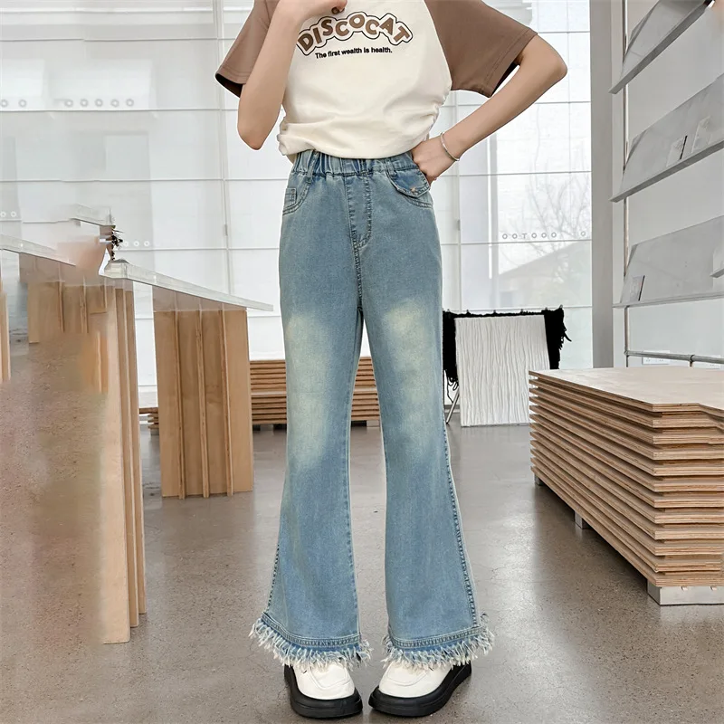 

Girls Jeans Summer 2024 New Children Slim Pants Western Style Big Kids Bell Bottoms Simple Casual Style All-match Trousers