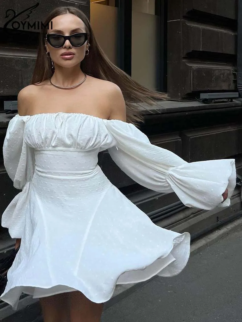 

Oymimi Elegant White Square Neck Womens Dresses Fashion Puff Sleeve High Waisted Dresses Casual Jacquard Mini Dress Streetwear
