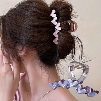 심플한 하트 헤어 클로 클립, 미끄럼 방지, 강한 거치대 아크릴 상어 턱 그립, 두껍고 얇은 곱슬 머리, 여름 파티 머리 장식