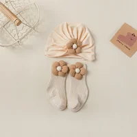 1set Flower Baby Turban Hat & Socks for Newborn Girls Bear Beanie Caps Non-slip Floor Stockings Toddler Hair Accessories 0-2Y 6