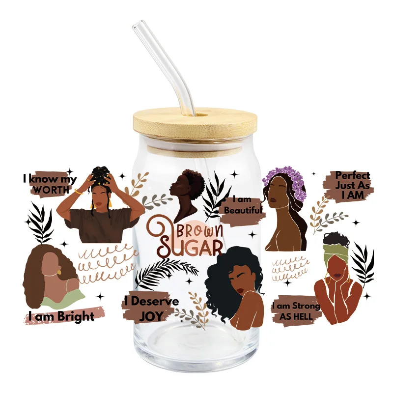 Black Woman UV DTF Wrap Transfer Stickers Beautiful Gril Design DTF Wrap For Mugs Glasses Coffee Cups Waterproof Decal