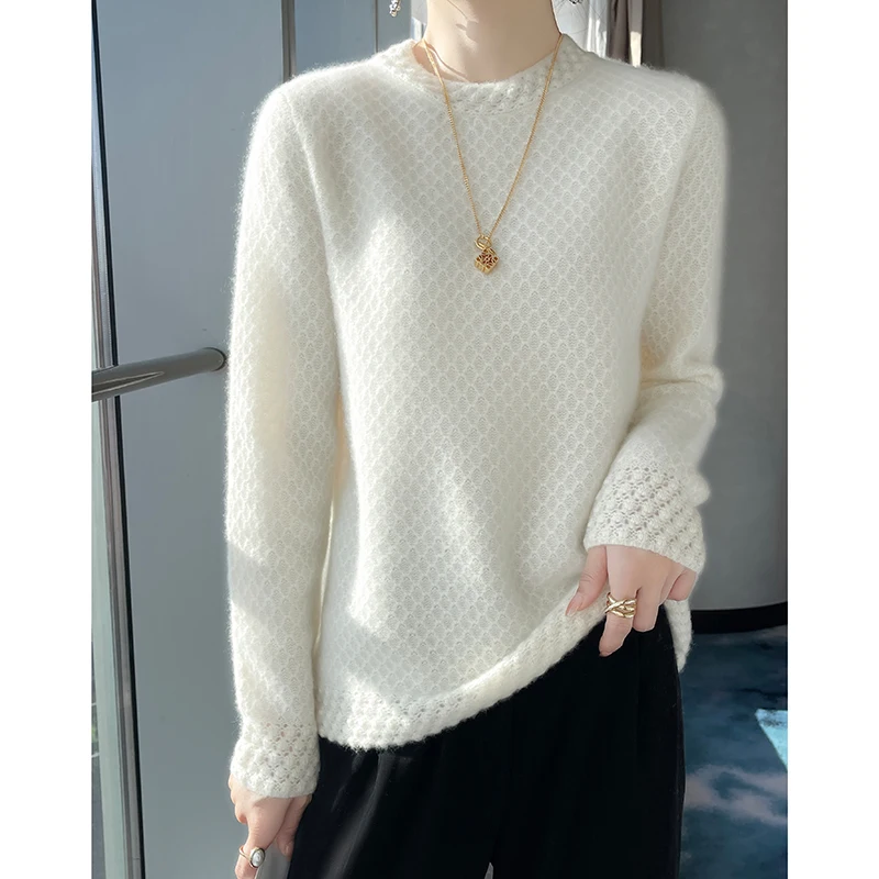 

100% Pure Australian Wool Autumn Winter Sweater Women's 2024 New Fashion Half High Neck Knitted Bottom Waffle Long Sleeved Wear