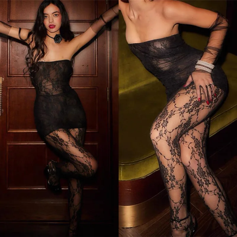 

Sexy Royal Sister Style Lace Wrap Chest Dress 2024 Mini Dress Close Fitting Outer Stockings Suit See Through Off Shoulder Outfit