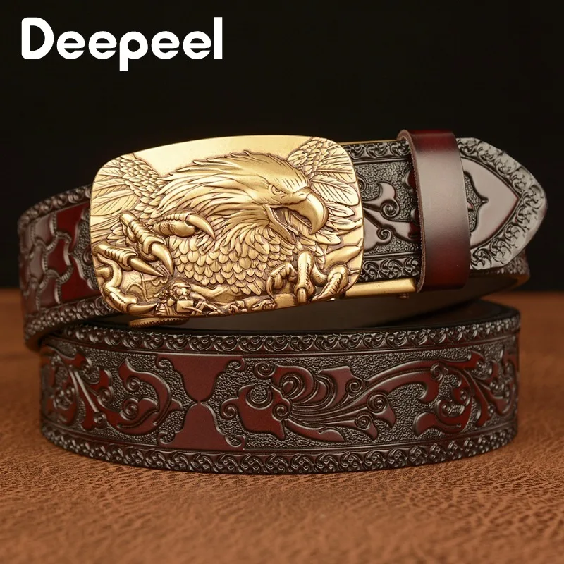 Deepeel 3.5*110-125cm Retro Embossed Men's Belts Genuine Leather Automatic Buckle Waistband Men Jeans Pants Crafts Accessories