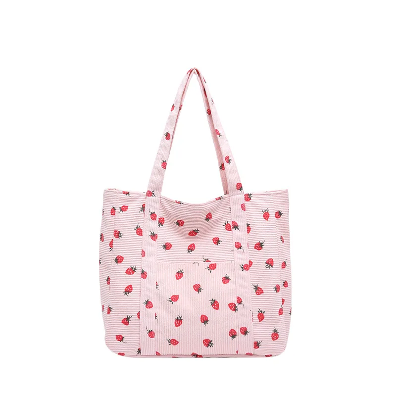 Strawberry Print Corduroy Tote Bag - Large Capacity Vintage Shoulder Bag for Women, Cute Canvas Storage Purse 숄더백