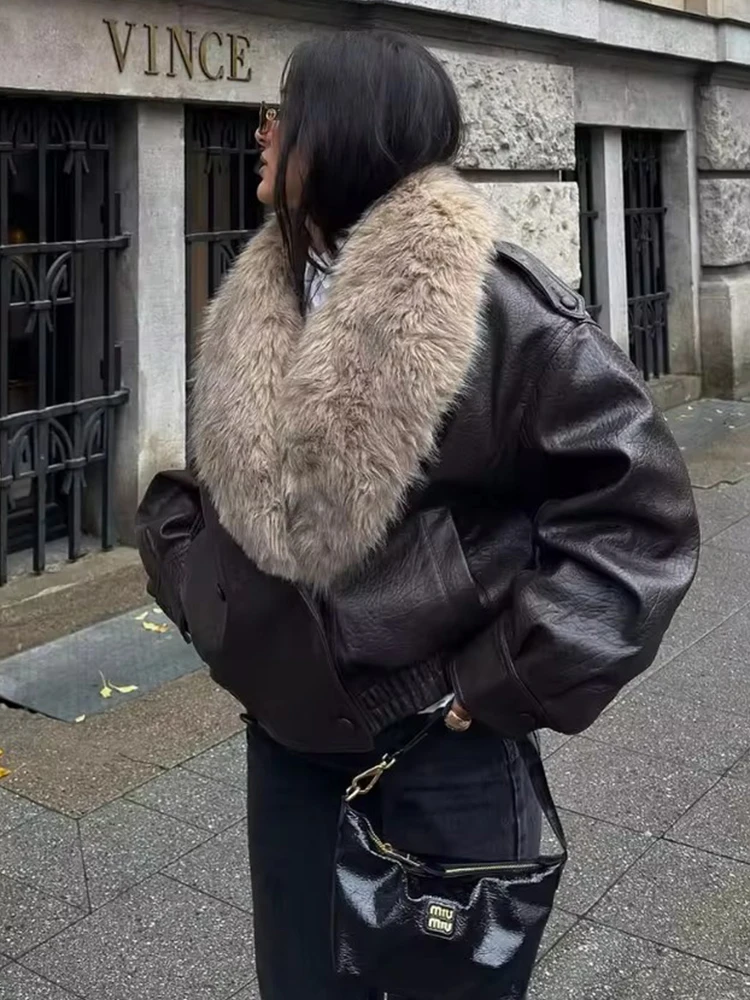 Winter Women Faux Leather Jacket Fashion Detachable Fur Collar Double-Breasted Oversized Coat Streetwear Casual New Outerwear