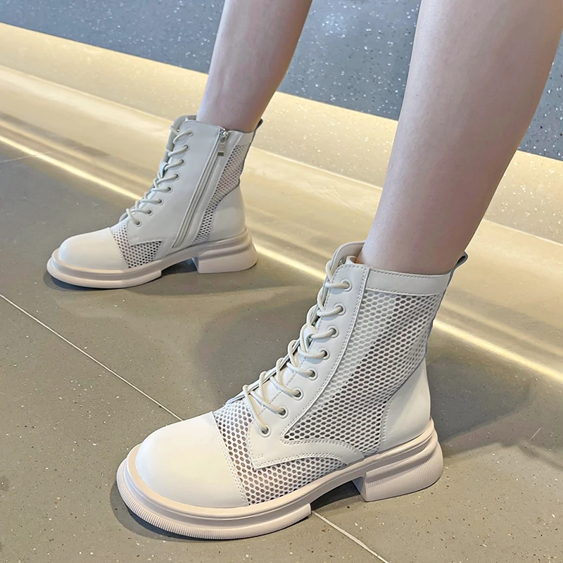 

Net Gauze Stitching PU Martin Boots For Summer Wear Platform Thick Heel Hollow Breathable Cross Lace Side Zipper Ankle Boots