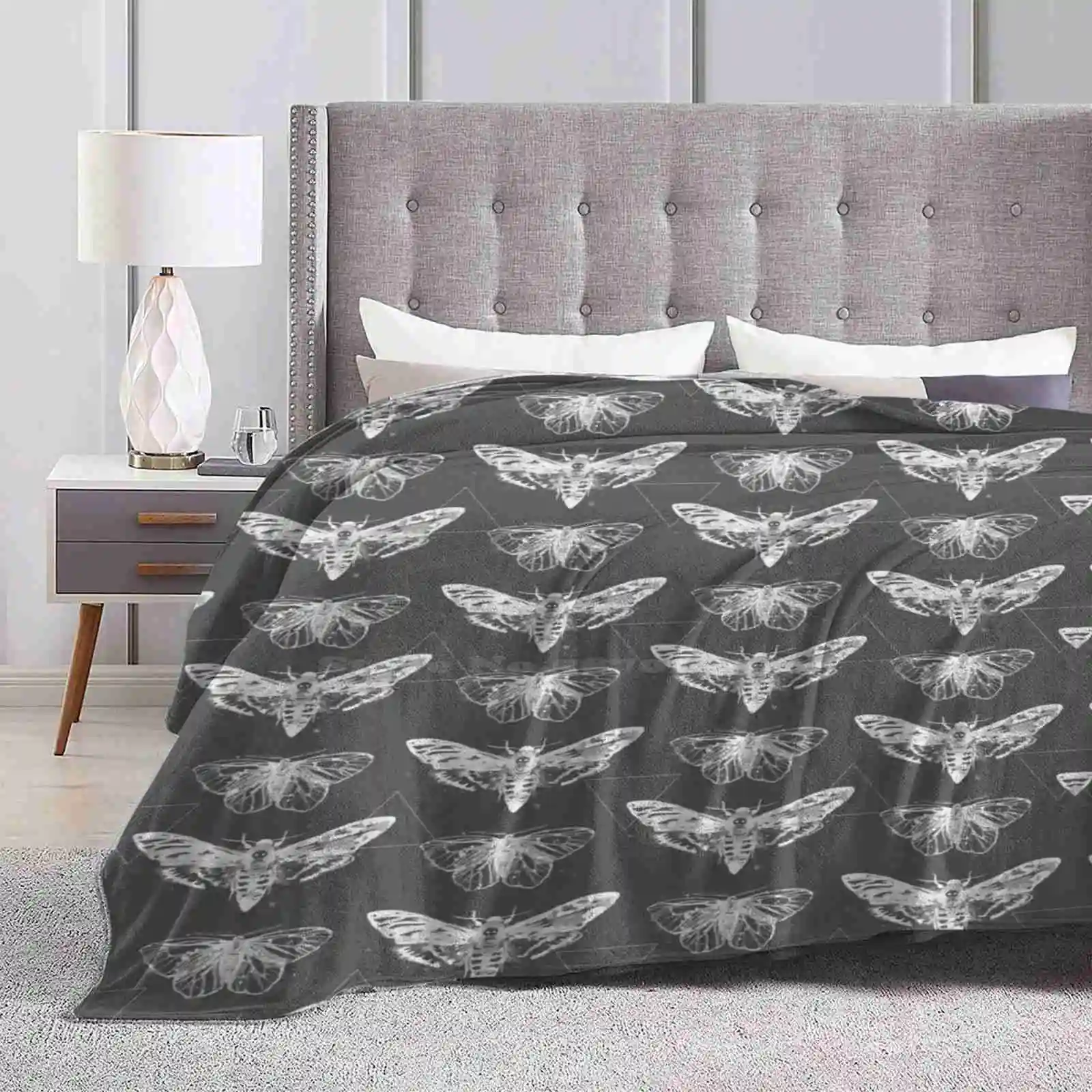 

Geometric Moths-Inverted Creative Design Comfortable Warm Flannel Blanket Geometric Deaths Head Moth Skull Ink Pattern Punk