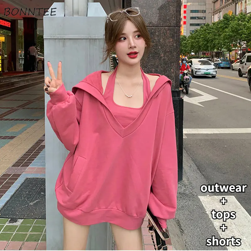 

There Piece Sets Women Hotsweet Sexy Casual Solid Tops Hooded Baggy Outwear Shorts Minimalist Korean Fashion Girlish Preppy Ins