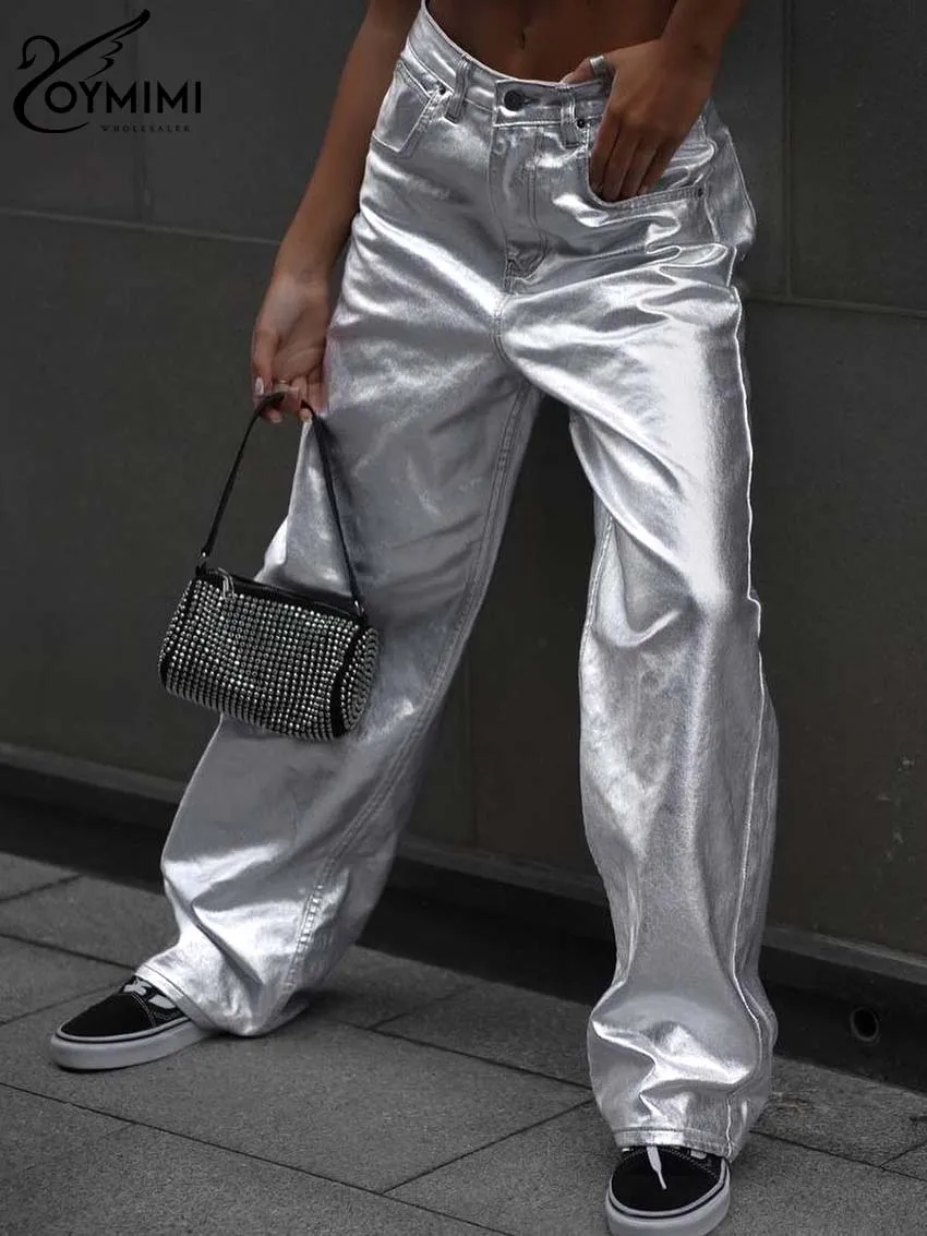 

Oymimi Fashion Silver Button Pants For Women Casual Low Waisted Straight Trousers Elegant Simple Solid Full Length Pants Female