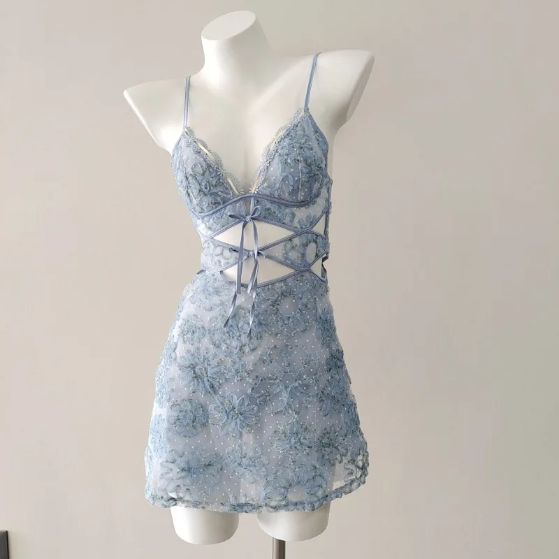Vintage Damen Homewear Kleine Brust Blume Hohle Spitze Mesh Durchsichtiges Nachthemd mit Höschen Pyjama Dessous Set 2024 Neu – Detail 2