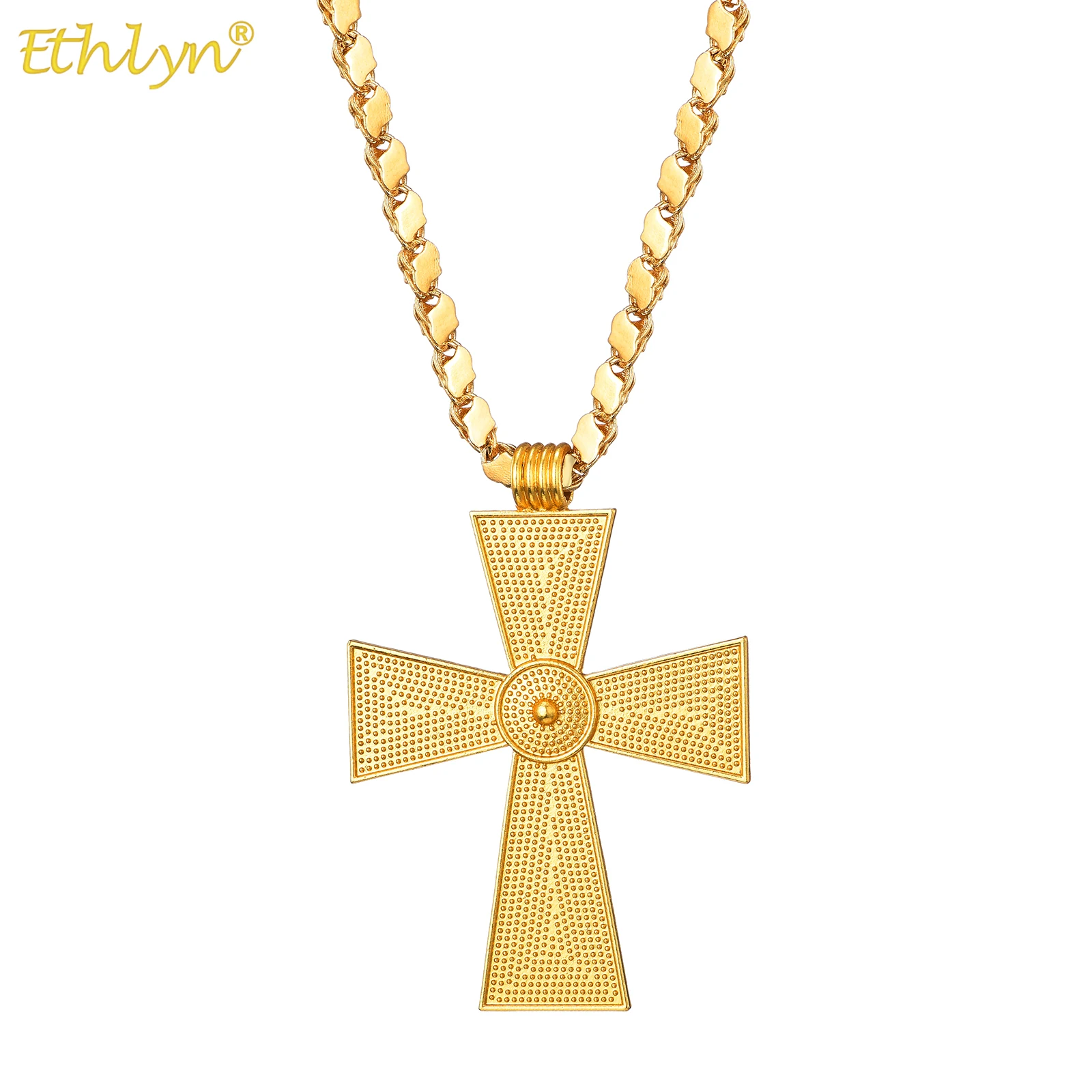 Ethlyn Ethiopian Cross Pendant Chain Necklace Thick Gold Color Habesha Women Men  Jewelry MY699B