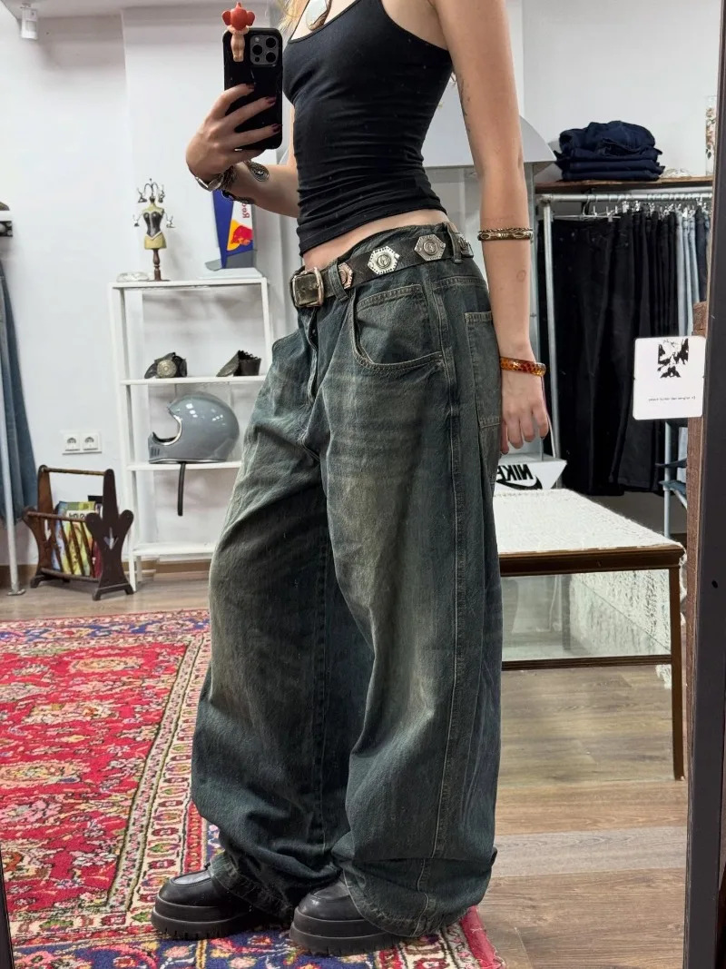 2025 American New Fashion Solid Color Black Big Pocket Baggy Jeans Ladies Y2K Hip Hop Pop High Waist Wide Leg Straight Trousers 3